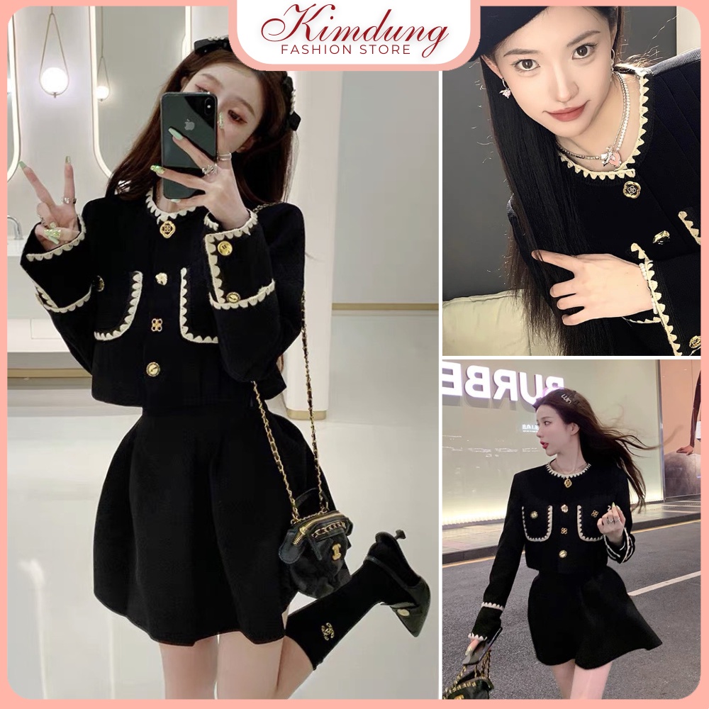 Set bộ đồ nữ , Set bộ nhung viền ren cúc đồng chân váy cao cấp đồ bộ nữ thu đông - Kim Dung Fashion Store