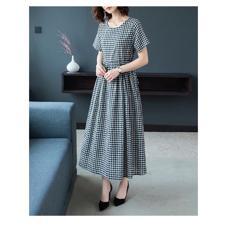 {Ảnh thật} Đầm công sở form rộng chất thô đũi kẻ caro nhẹ mát size đến 75kg, váy kẻ caro dáng xòe Da159