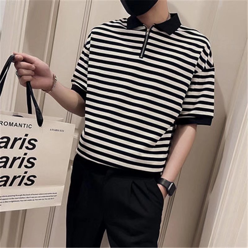 Áo Thun Polo Tay Ngắn Kẻ Sọc Màu Đen Size M-3XL Thời Trang Cho Nam