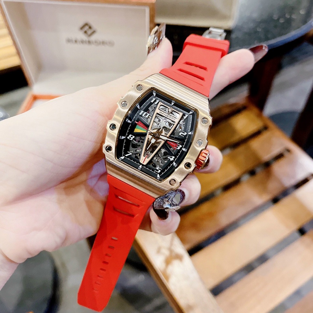 Đồng Hồ Cặp Đôi Hanboro Nam Máy Automatic, Nữ Máy Pin , Dây Cao Su Màu Đỏ , Size 36mm/48mm fullbox