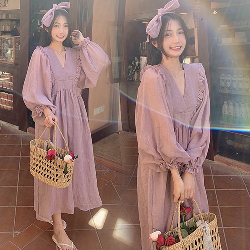 💜Trong bước đều💜 | Đầm Búp Bê Dáng Rộng Kiểu Nhật Bản Thời Trang Mùa Thu Cho Mẹ Bầu