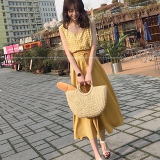 Set áo karo + chân váy midi xoè