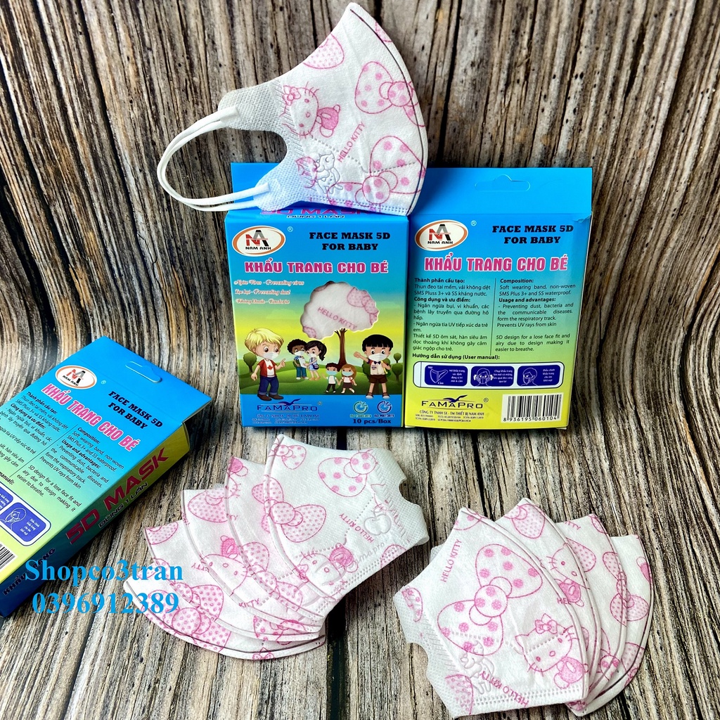 Khẩu trang cho bé FAMAPRO 5D KIDS IN HÌNH DỄ THƯƠNG Đoremon / Kitty / Gấu Trúc / Kì Lân / Vịt Donald hộp 10 cái