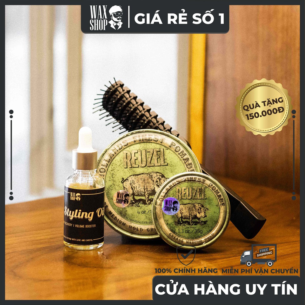 Sáp Vuốt Tóc Reuzel Green Strong Hold Water Soluble High Sheen 113g ⚡ [Chính Hãng]⚡ Tặng Kèm Pre-Styling Oil và Lược Sấy