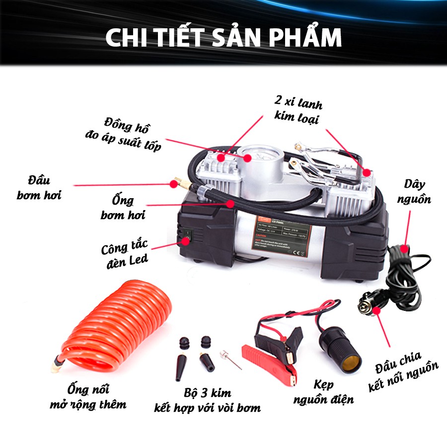 [Mã BMBAU300 giảm 10% đơn 499K] Máy Bơm Lốp Ô Tô 2 Xi Lanh Có Đèn CIND CDP006TL Nhập Khẩu Chính Hãng