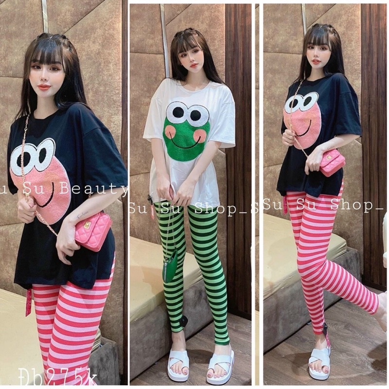 Set Bộ Áo Thun Thêu Gấu Nổi Phối Quần Legging Sọc