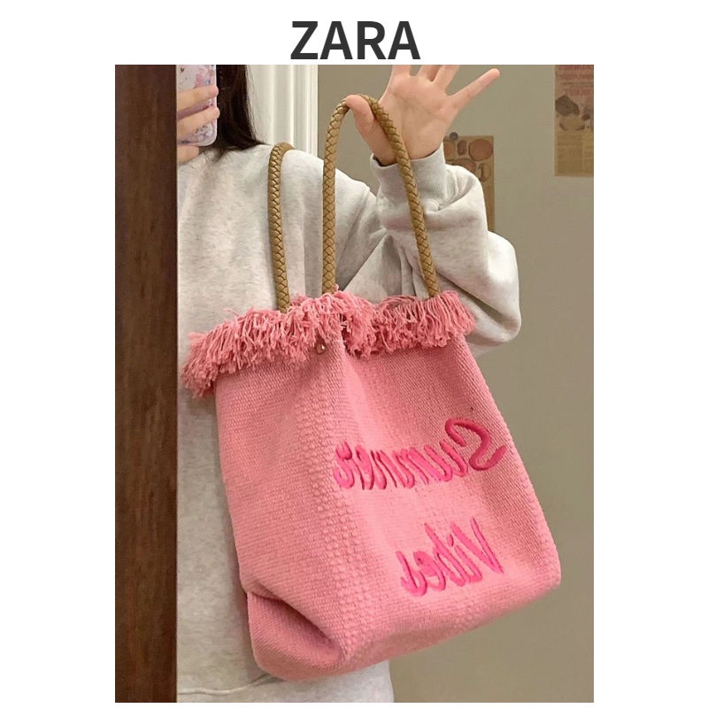ZARA Túi Xách Vải Canvas Cỡ Lớn Thêu Chữ Phối Tua Rua Thời Trang Đi Biển Mùa Hè