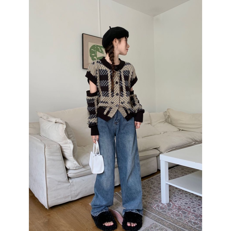 Áo Len Nữ Màu Đen Xám Họa Thiết Kẻ Ô Dài Tay Cut Out Cổ Tròn Phong Cách Ulzzang Cá Tính