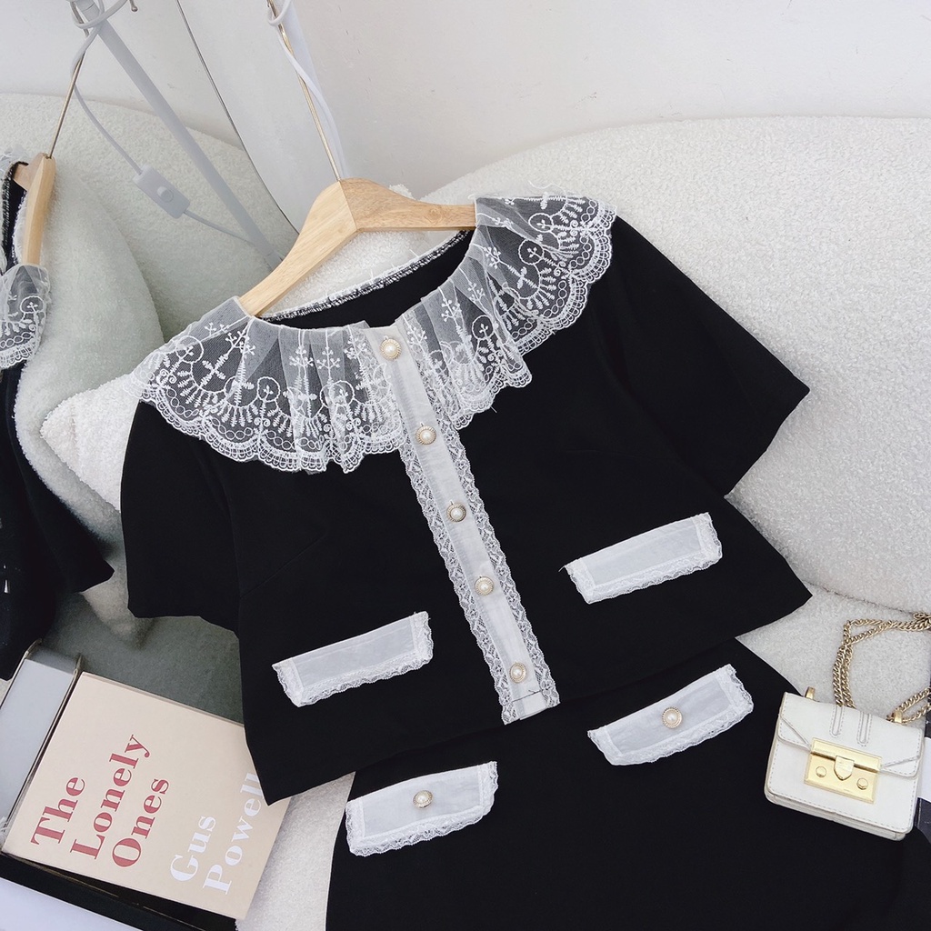 SET ÁO ĐEN CỔ REN HOA HÀNG NÚT + CHÂN VÁY LÓT QUẦN VIỀN TRẮNG