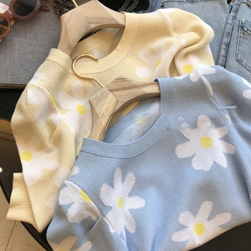 Áo Thun Dệt Kim Tay Phồng Cổ Tròn In Họa Tiết Hoa Cúc Tinh Tế Thời Trang Cho