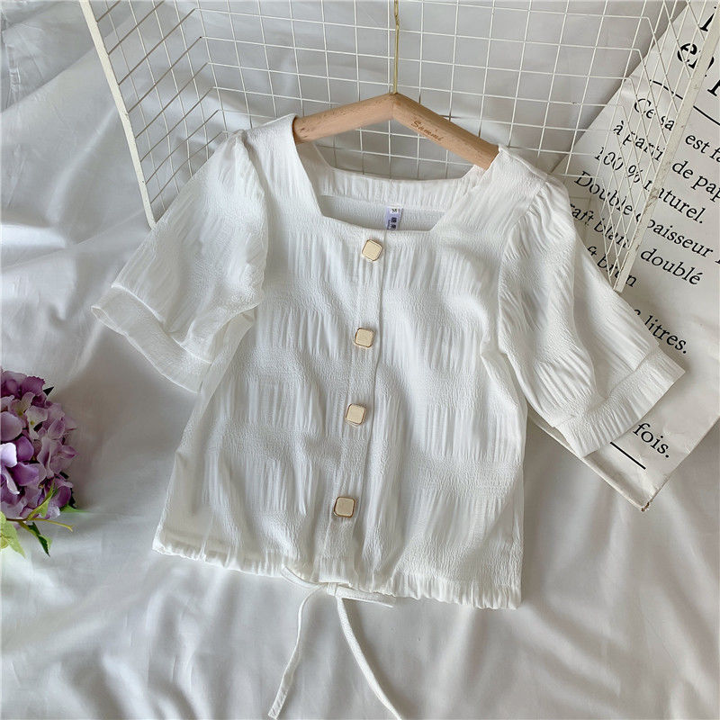 Áo sơ mi nữ BH tay ngắn phối dây xinh xắn thời trang 2021