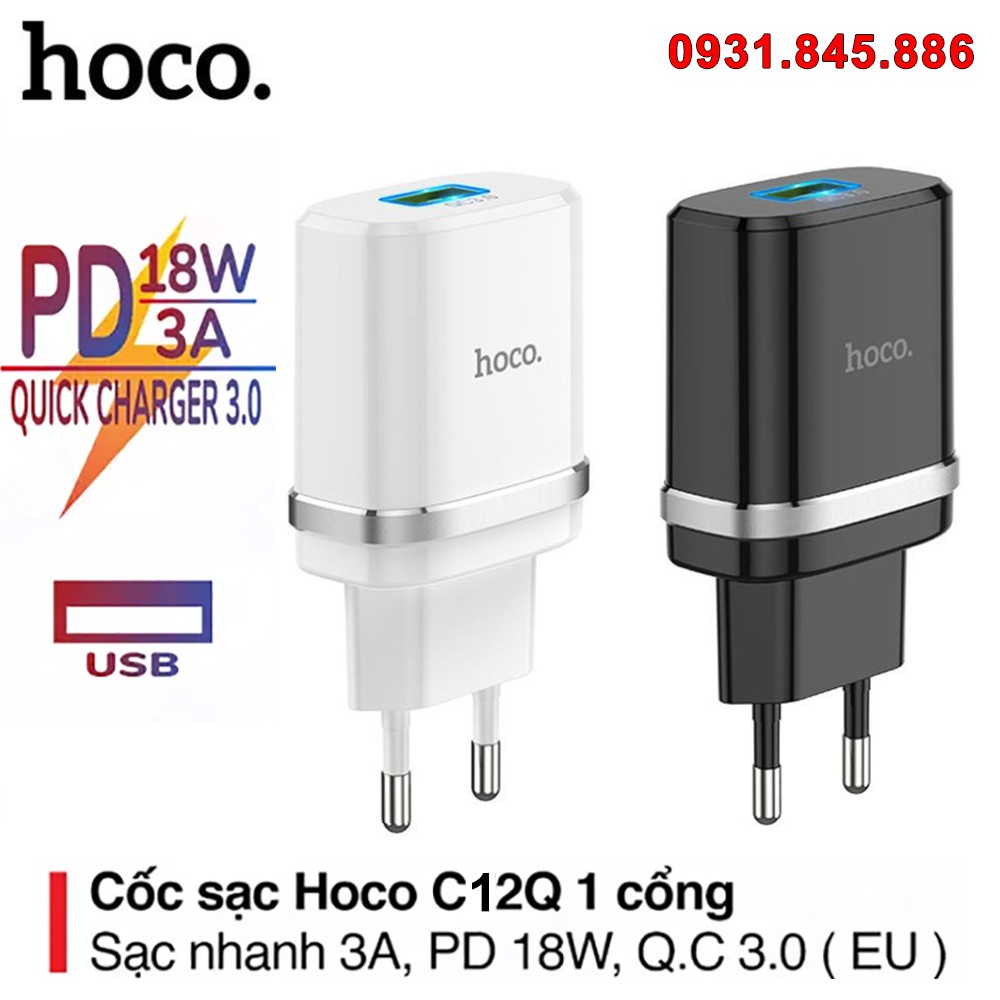 ⚡NowShip⚡ Cốc Sạc Nhanh IPhone 12 Pro Max Chính Hãng 18W Hoco C12Q Củ Sạc Nhanh Điện Thoại Cổng USB Cho Samsung Android