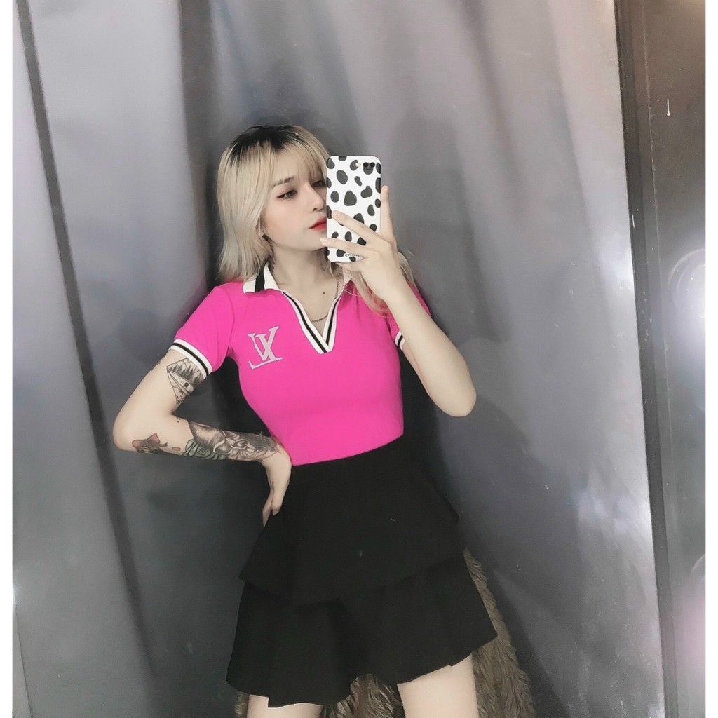 áo cổ bẻ ôm dáng in chữ l v xinhhh hot lắm ảnh thật