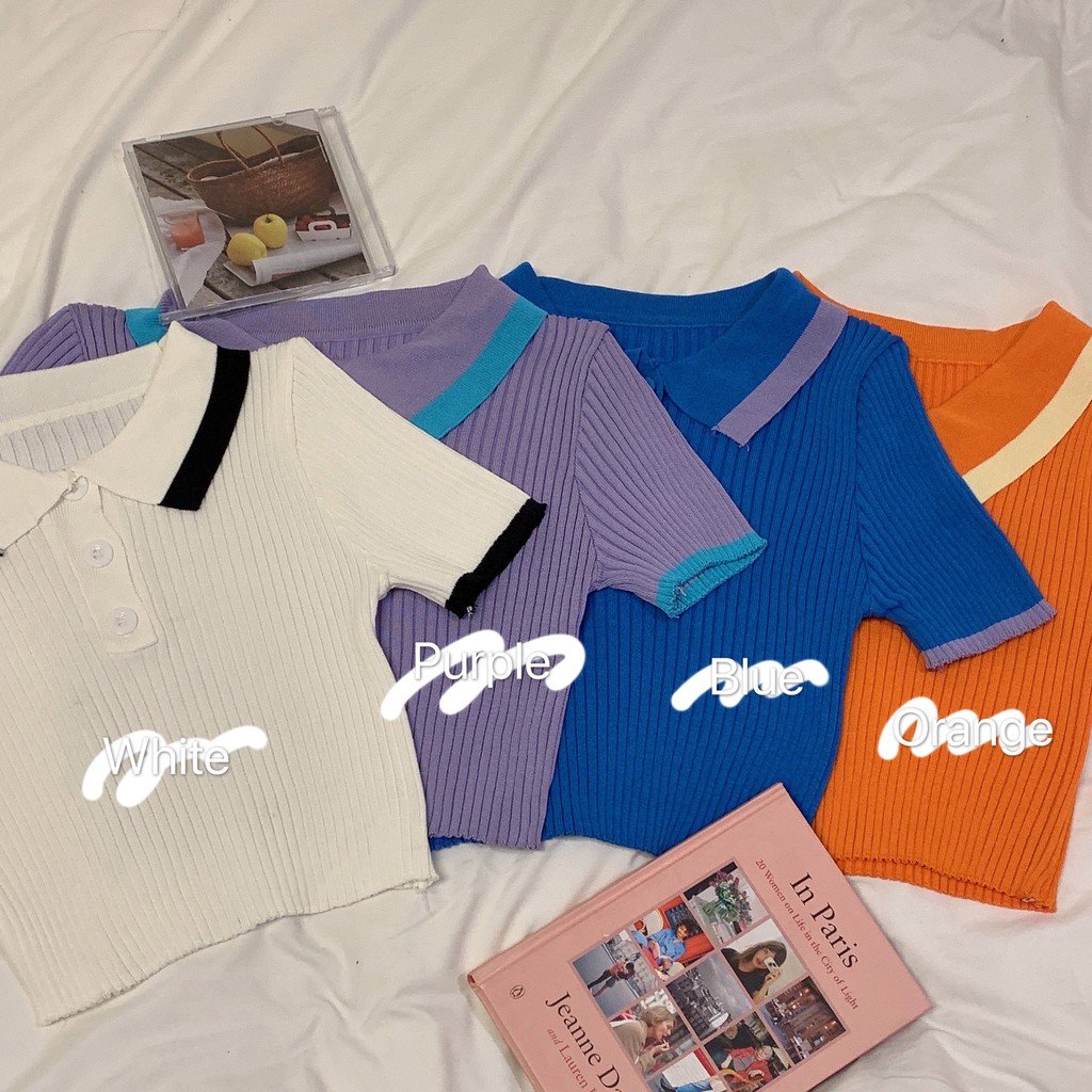 Áo dệt kim tay ngắn cổ polo phối màu tương phản phong cách Hàn Quốc xinh xắn cho nữ