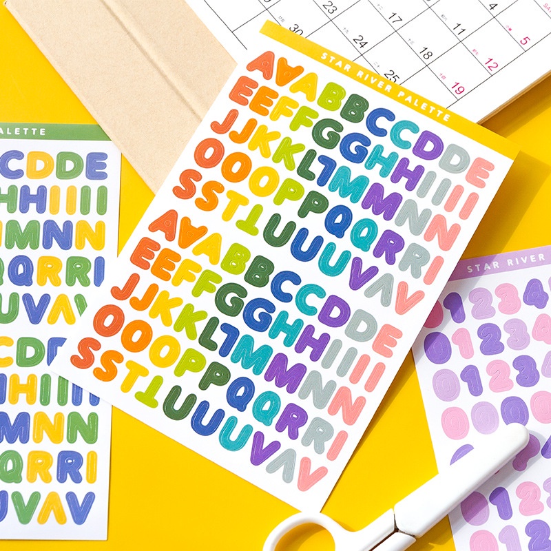 Set 6 tờ nhãn dán hình chữ cái và số trang trí sổ tay/ đồ thủ công tiện dụng
