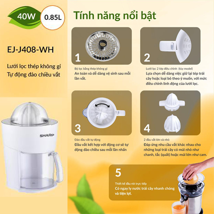 Máy Vắt Cam Sharp EJ-J408-WH [Máy Vắt Êm Lưới Lọc Bằng Thép Không Gỉ]