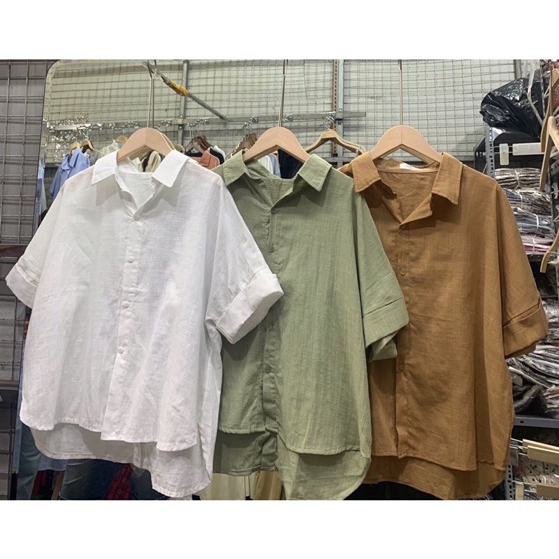 Áo sơ mi nữ cộc tay  cách điệu khuy sau, áo sơ mi nữ chất thô xước 3 màu  trắng , be , cốm | BigBuy360 - bigbuy360.vn