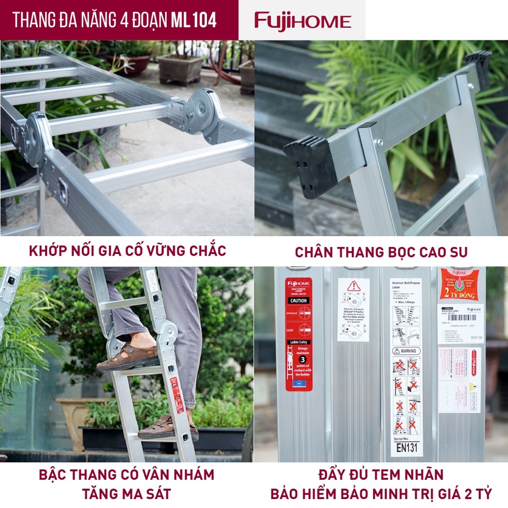 Thang nhôm gấp 4 đoạn đa năng 3,4M-4.4M- 4,7M nhập khẩu FUJIHOME,thang xếp chữ M 4 khúc gấp gọn gia đình aluminum ladder