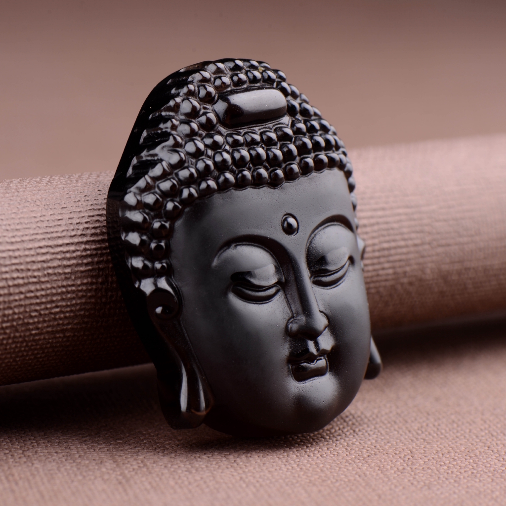 Thời Trang Dây Chuyền Mặt Hình Đầu Phật Bằng Đá Obsidian Tự Nhiên