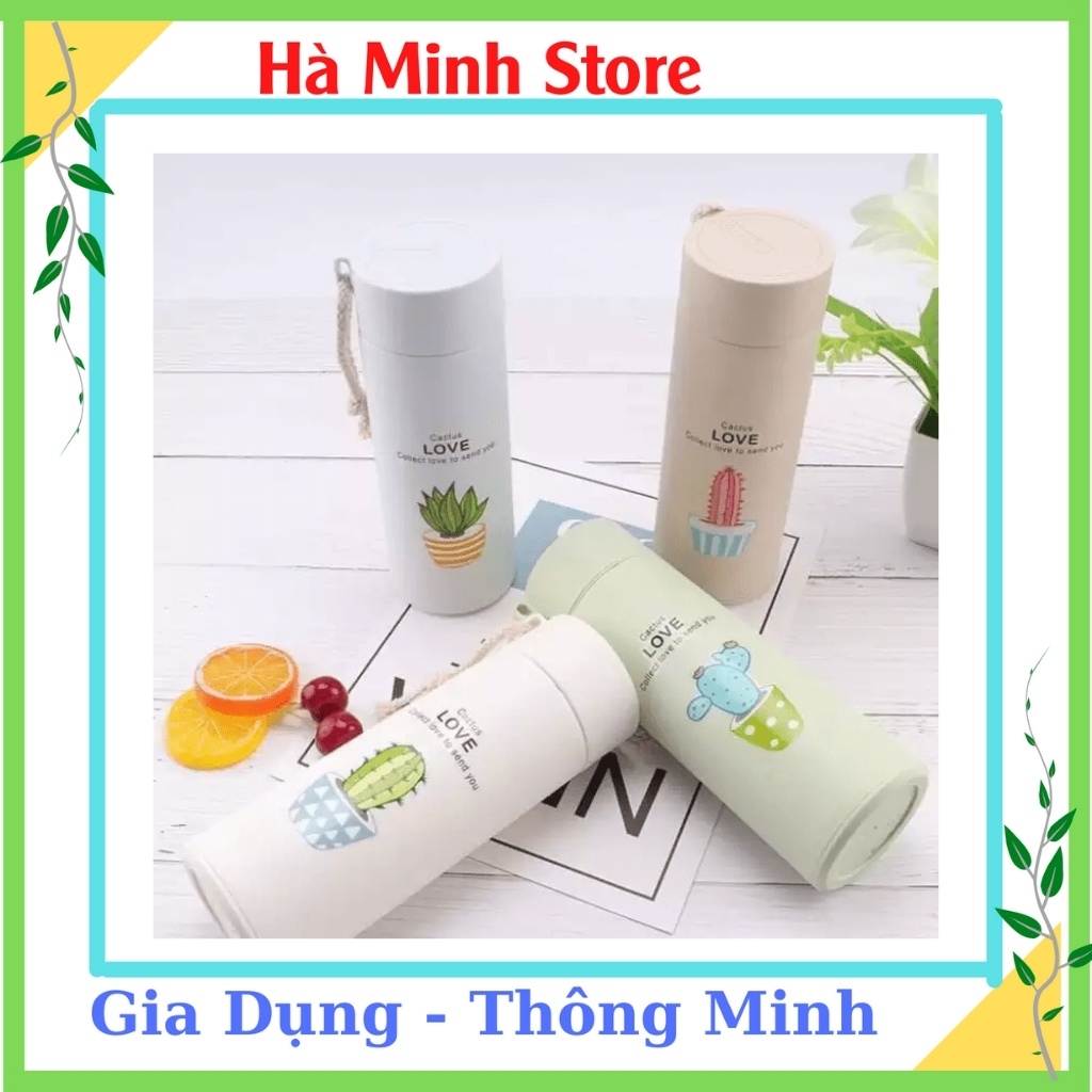 Bình Giữ Nhiệt Lúa Mạch 450ml Họa Tiết Xương Rồng, Lõi Thủy Tinh Bọc Nhữa, Giữ Nhiệt Lên Đến 5 Giờ - Gia Dụng Hà Minh