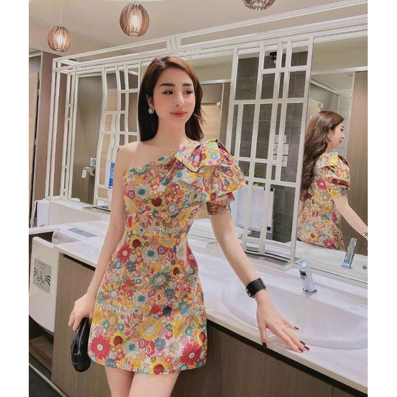 Đầm body lệch vai nơ họa tiết hoa lá ( có mút ngực)