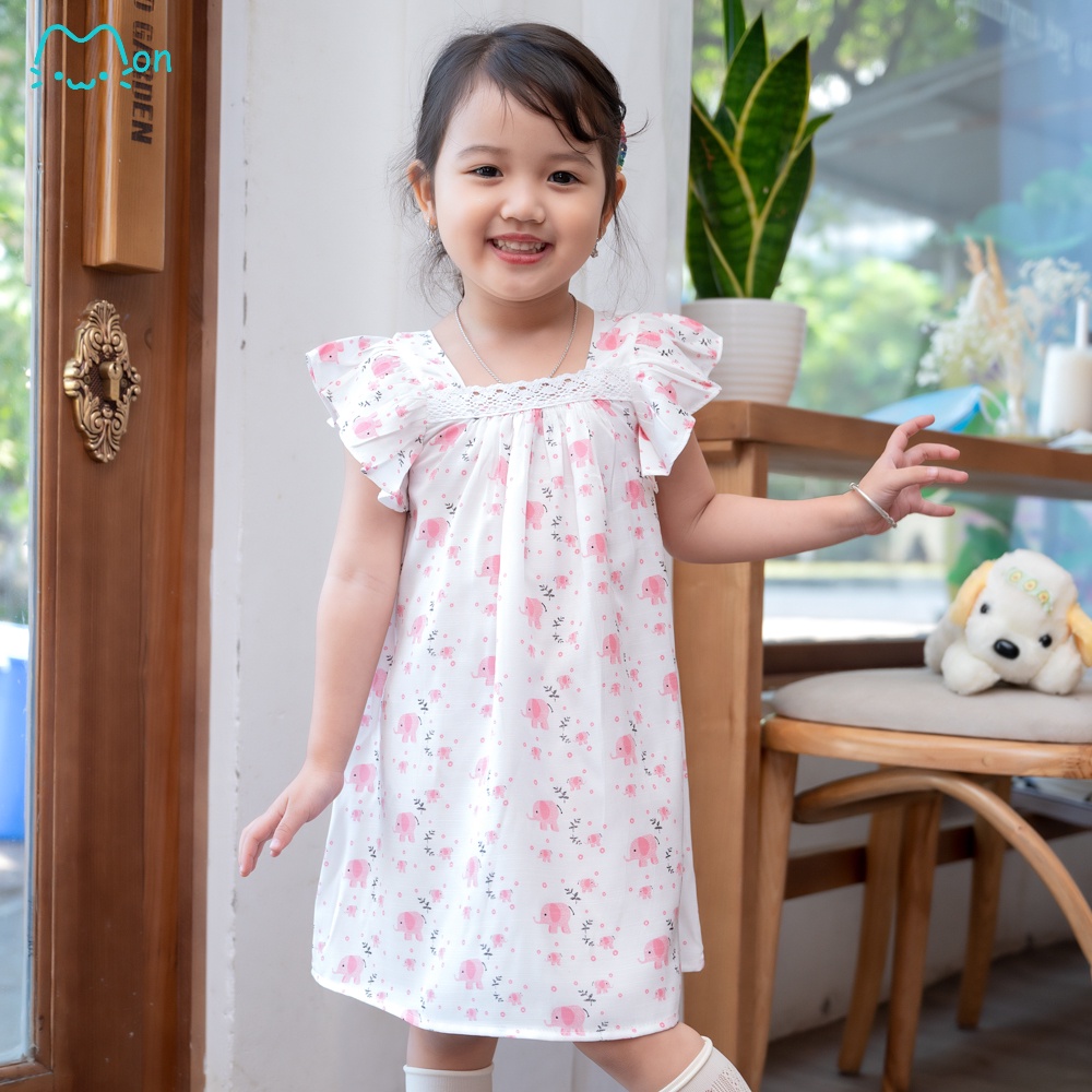 Đầm cho bé gái 1-6 tuổi MonBabies VL15 chất đũi tằm cổ vuông tay áo cánh tiên họa tiết voi con màu hồng xinh xắn