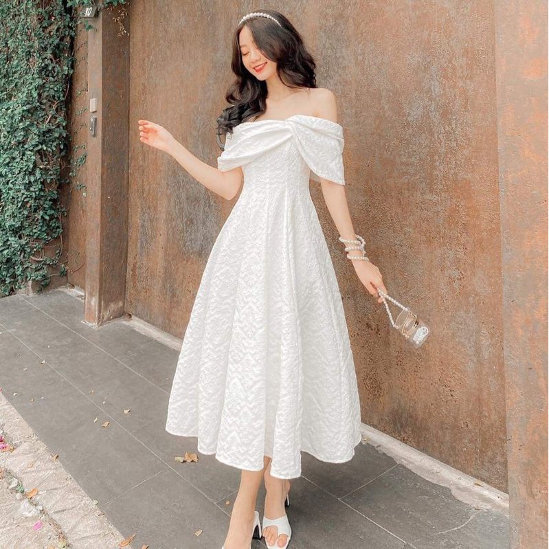 Đầm Thiết Kế Vải Gấm Trễ Vai Thời Trang Nữ