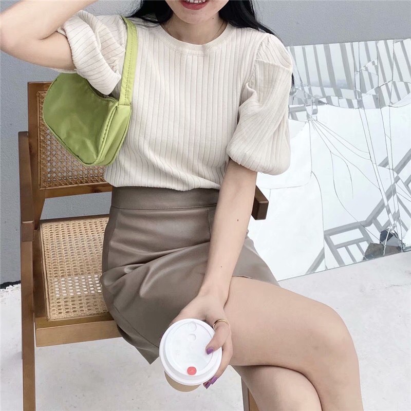 Áo thun gân cổ tròn tay phồng vnxk