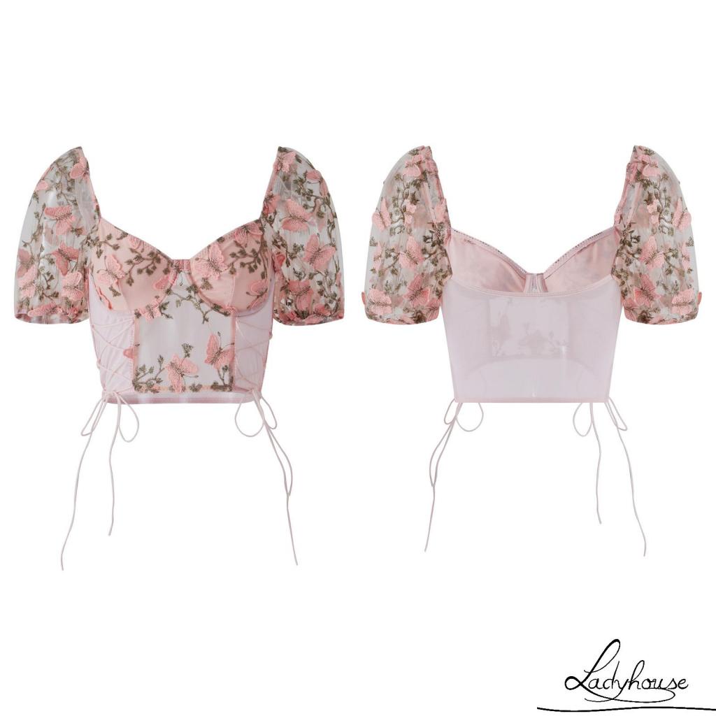 Áo Croptop Trễ Vai Tay Ngắn Phối Lưới Xuyên Thấu Họa Tiết Bươm Bướm Thời Trang Cho Nữ
