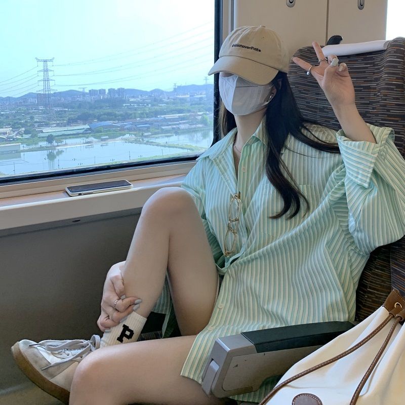 Xiaozhainv Áo Sơ Mi Cổ Bẻ Dáng Rộng Kẻ Sọc Trẻ Trung Hợp Thời Trang Hè Cho Bạn Gái