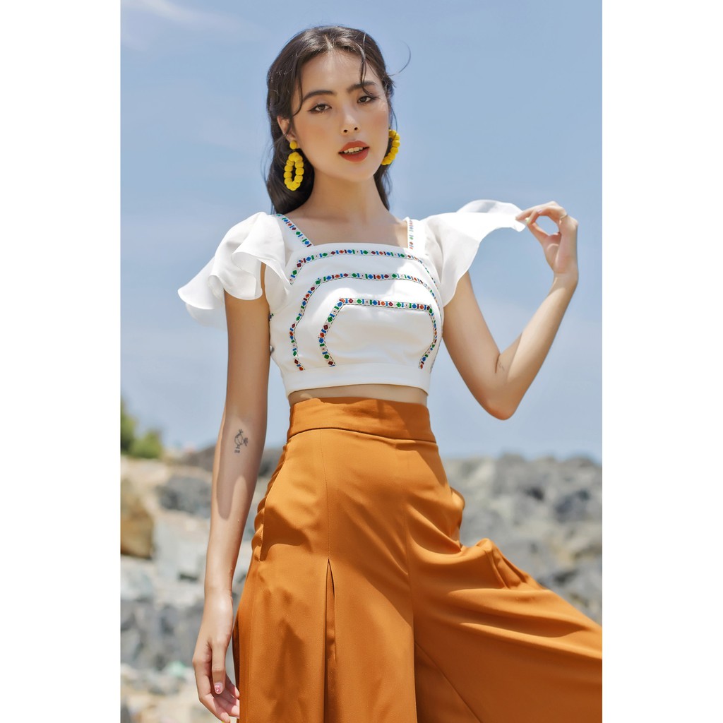 SÒ VINTAGE - SLY Áo croptop tay cánh tiên viền thổ cẩm