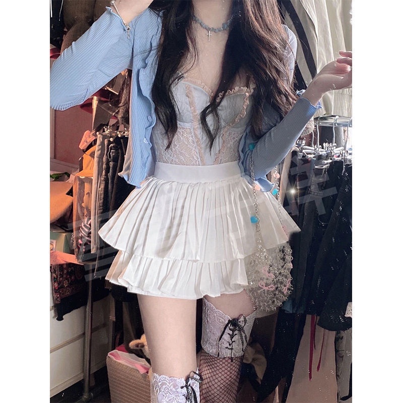 Bộ Đồ Thời Trang Mùa Hè Kiểu Mới Gồm Áo Cardigan Phối Bèo + Áo Hai Dây + Chân Váy Ngắn Lưng Cao Thời Trang Cho Nữ 2022