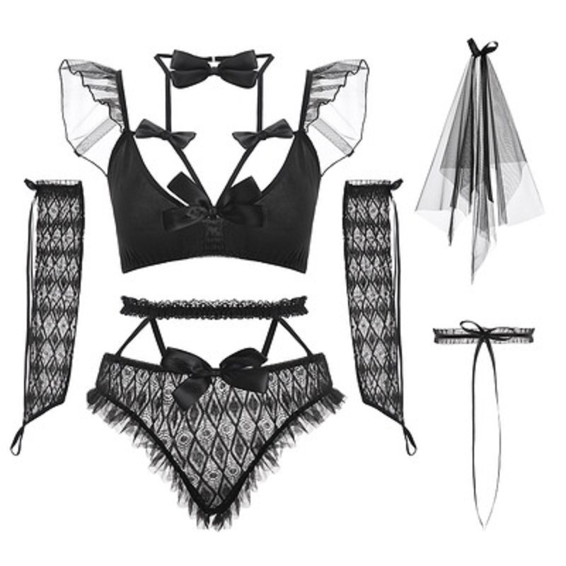 Đồ ngủ sexy cosplay cô dâu phối nơ đáng yêu set nội y mặc nhà ren đen trắng gợi cảm cao cấp BIKI HOUSE N746 - Hỏa Tốc