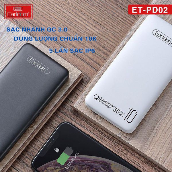 Pin sạc dự phòng 10.000 mAh, Pin tích điện tích hợp sạc nhanh Qualcomm 3.0 dung lượng chuẩn EU, Earldom PD 02 KLH