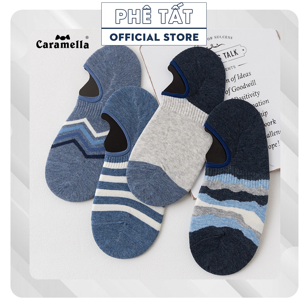 Bộ 4 đôi tất lười vớ lười cho nam màu xanh hãng Caramella chất liệu cotton khử mùi kháng khuẩn chống hôi chân TLX-01