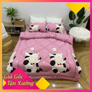 bộ chăn ga 5 món chăn phao cotton poly ( mẫu bò sữa hồng)