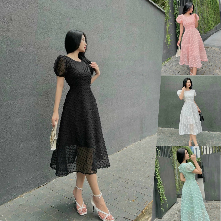 Đầm dự tiệc dáng dài,đầm xòe tay bồng cao cấp giá rẻ thiết kế chất liệu tơ ren nổi full 2 lớp mềm mịn XM Minh phúc