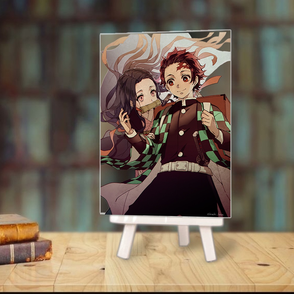 Tranh kính KIMETSU NO YAIBA Thanh Gươm Diệt Quỷ anime chibi acrylic mica trong trưng bày trang trí giá gỗ
