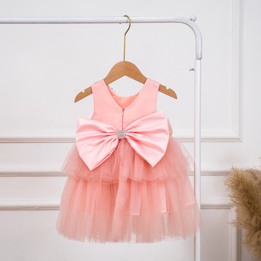 Váy công chúa, đầm công chúa thiết kế cho bé gái màu hồng xòe 2 tầng kết hợp đính hoa thủ công cho bé từ 1 đến 10 tuổi