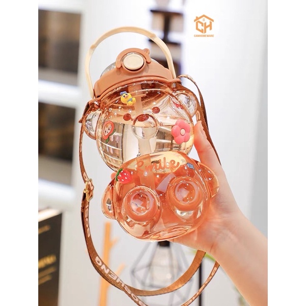 Bình Nước Gấu Có Ống Hút Kèm Dây Đeo Cực Dễ Thương