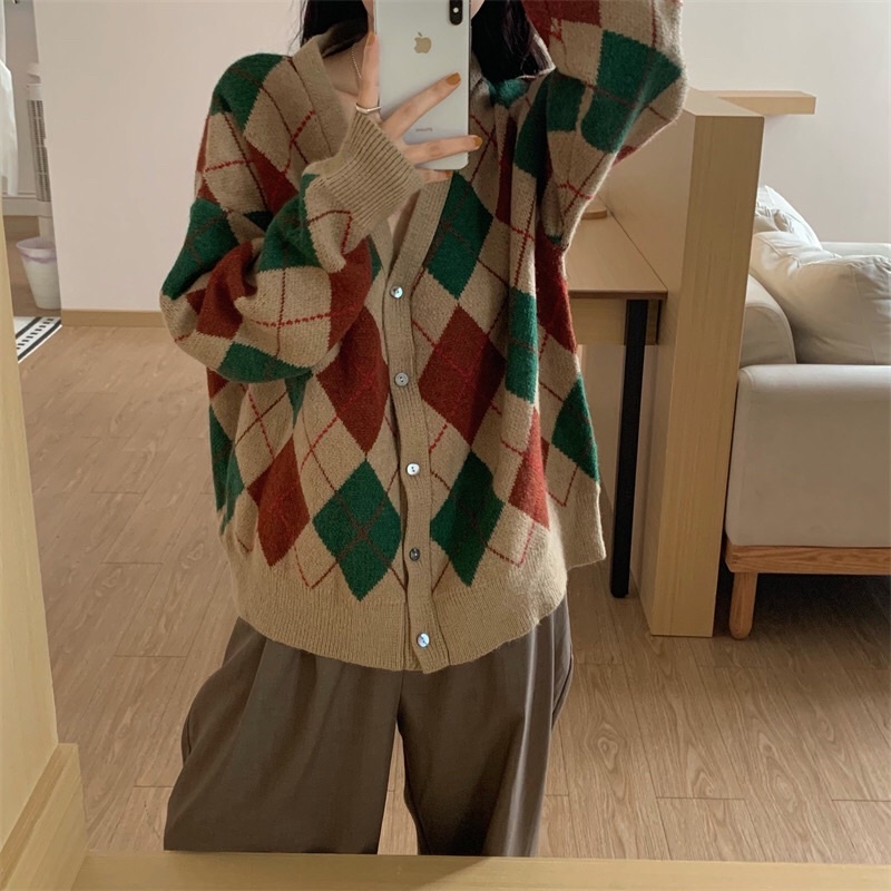 [Sẵn] AL1_Áo cardigan, áo khoác len hoạ tiết kẻ caro ô trám màu xanh lá ulzzang Hàn quốc
