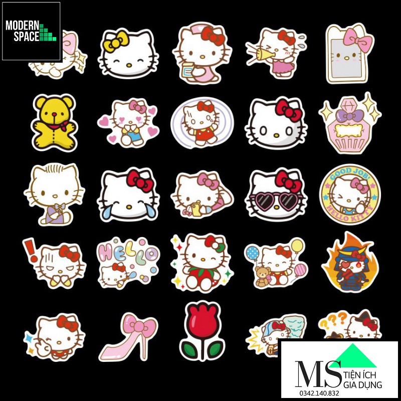 Sticker PVC Hoạt hình Hồng Hello Kitty ST-101 - Cả bộ 100 Hình dán Stickers Chống nước