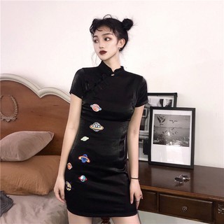 Đầm Sườn Xám Cách Tân Màu Tối Phong Cách Retro Hàn Quốc