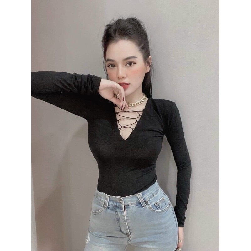 Áo Croptop tay dài đan dây trước ngực siêu sexy - đen - trắng CT09