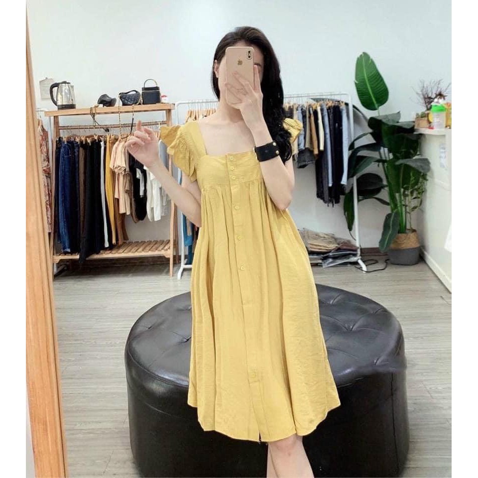 Đầm Xòe - Váy Xòe Vintage Cúc Dọc Chất Đũi Hàn Siêu Mát T18 . giasi