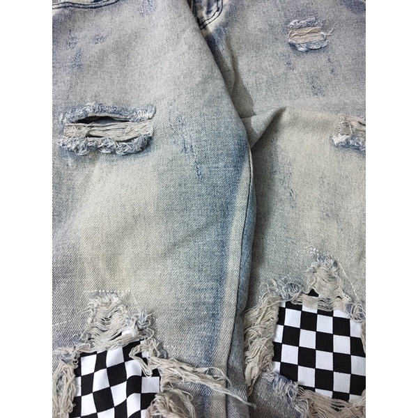 [Sẵn size XL] Quần Jean rách gối họa tiết caro zip ống quần | BigBuy360 - bigbuy360.vn