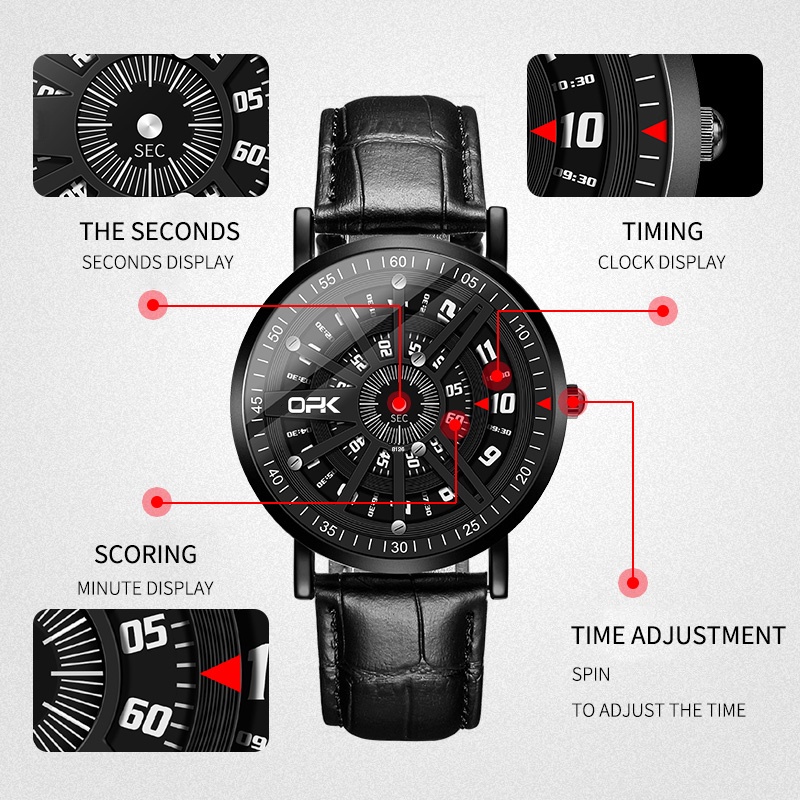 OPK 8126 Watch Men Leather Strap Genuine Waterproof Original Quartz Personality Concept Dial Wear-resistant Trendy
