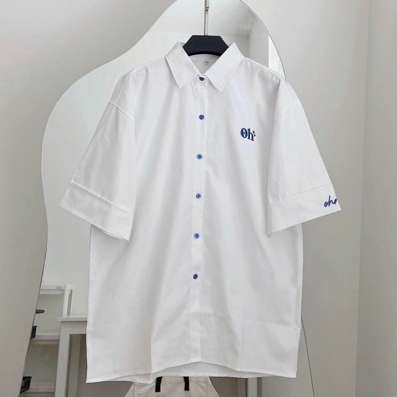 (HCM) ÁO SƠ MI KIỂU FORM RỘNG THÊU LOGO OH SIÊU XỊN THỜI TRANG GENZ HOT HIT  HOT NHÂT