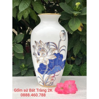 Bình Hoa Cổ Thắt Vẽ Hoa Sen Chỉ Vàng 24K Cao Cấp Gốm Sứ Bát Tràng