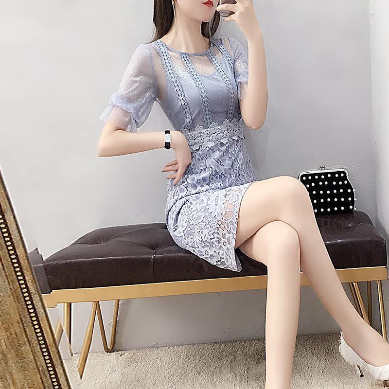 (N099) Đầm dáng ôm cổ tròn tay lưới bo chun thêu hoa ren lưới màu sắc trẻ trung kiểu dáng công sở tôn dáng dễ thương